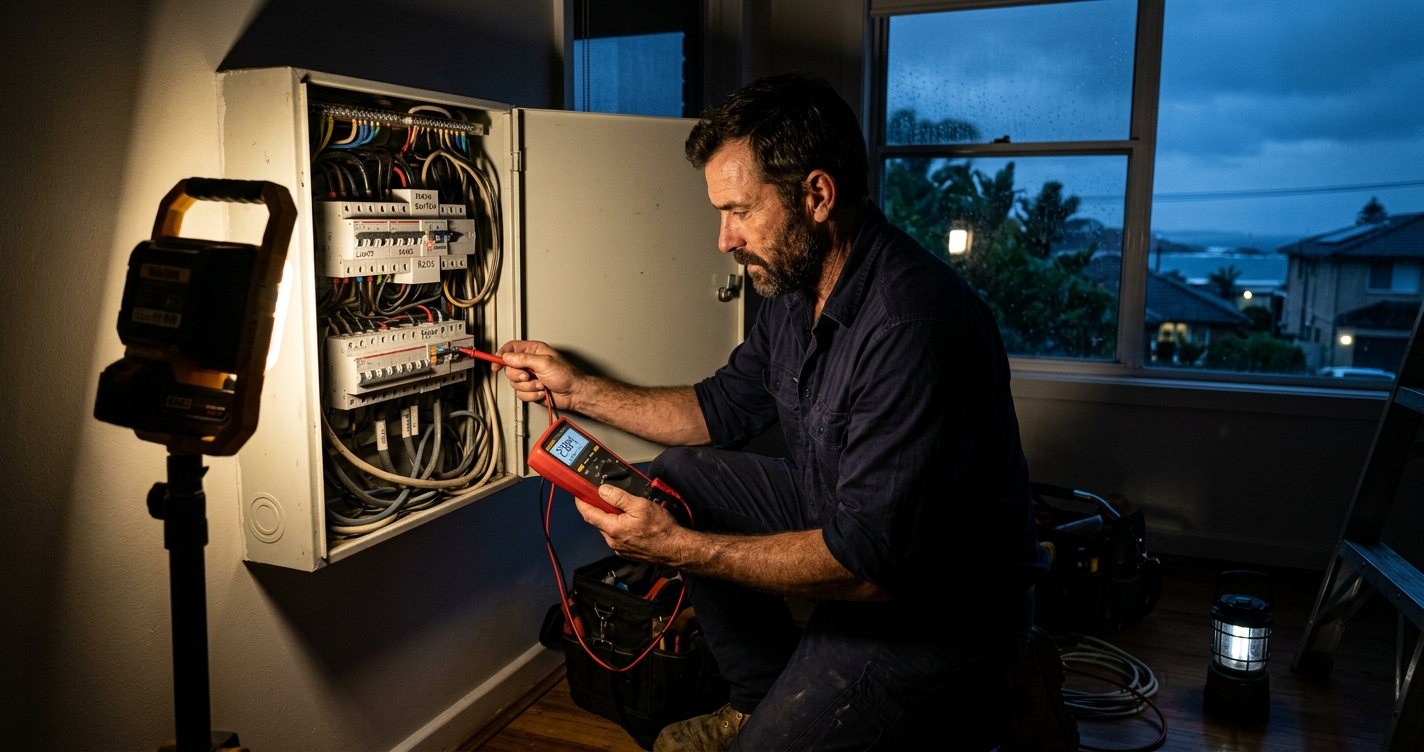 Licensed electrician working on a switchboard during an after-hours emergency callout