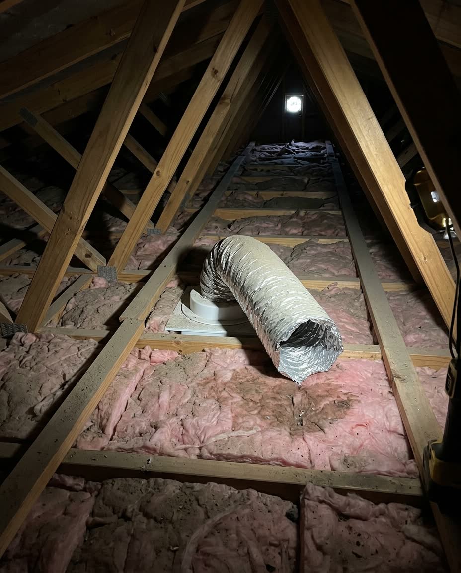 A flexible exhaust fan duct ending open in a roof cavity above insulation batts instead of running through to the eave